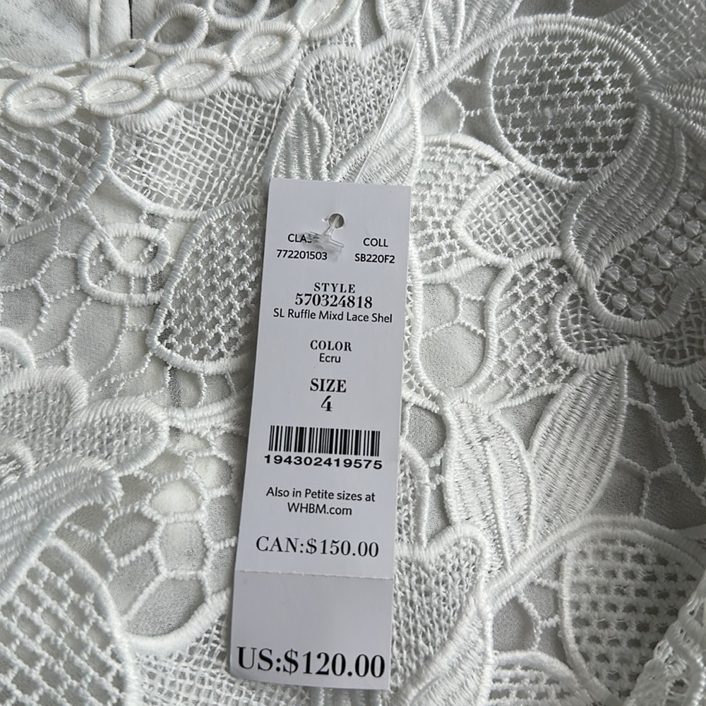 NWT WHBM RUFFLE AND LACE SLEEVELESS TOP - Size 4 - Picture 9 of 9